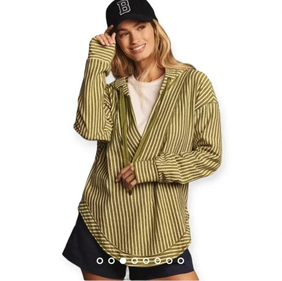 Anthropologie Pilcro Wharfside V Neck Hooded Sweatshirt Green White Stripe Small - Picture 1 of 16
